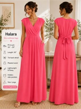 HALARA Bright Pink Cap-Sleeve Maxi Dress with Tie Back